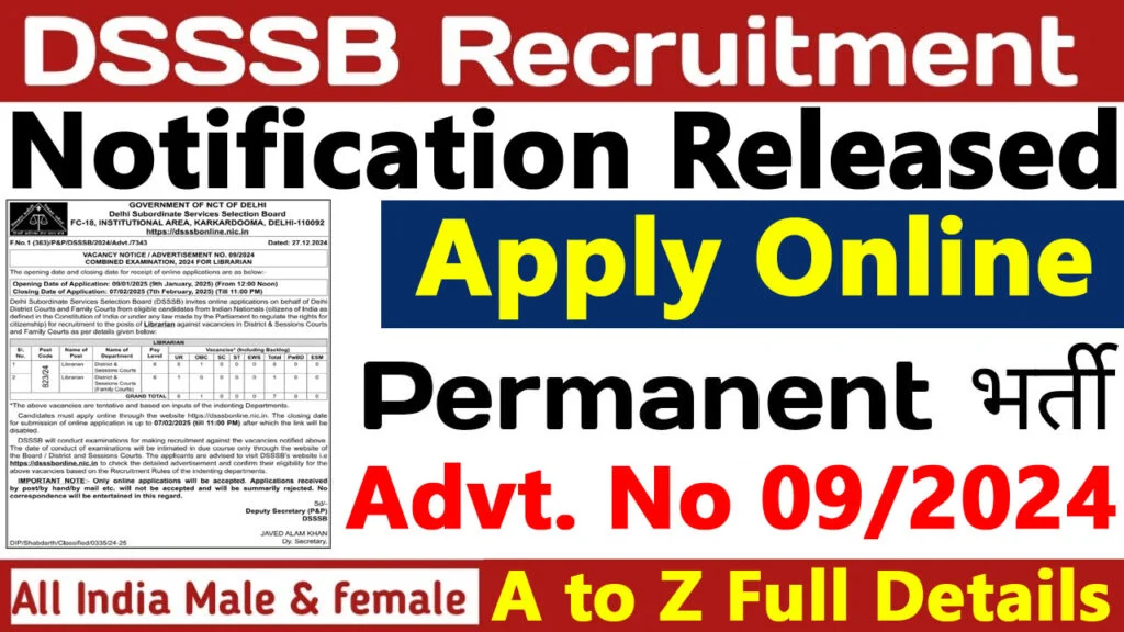 DSSSB Librarian Recruitment 2025 Advt 09 2024 Notification And Online