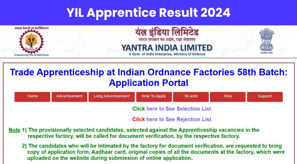 Yantra India Limited YIL Apprentice Result 2024 OUT